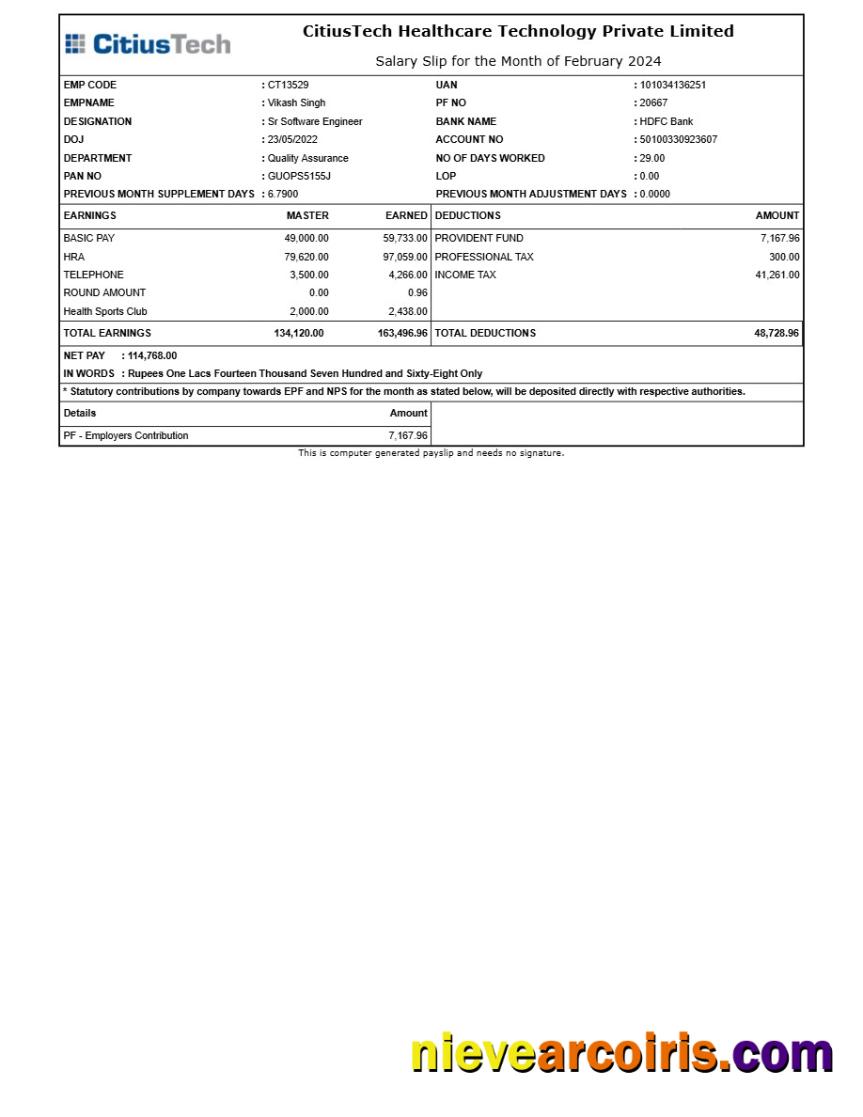 CitiusTech Healthcare Technology payslip
